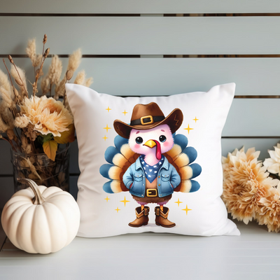 a pillow with a turkey wearing a cowboy hat