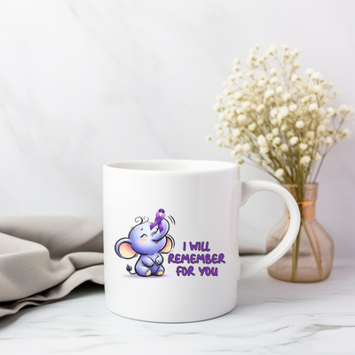 a white coffee mug with a purple elephant on it