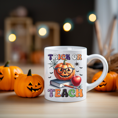 a white coffee mug with a trick or treat on it