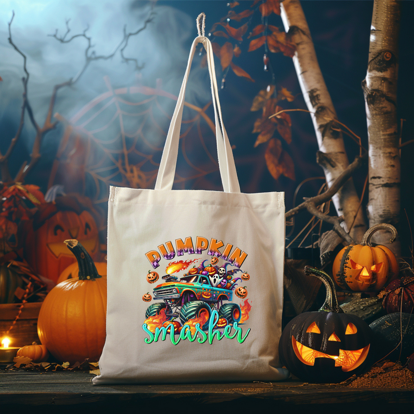 a white bag sitting on top of a table next to pumpkins