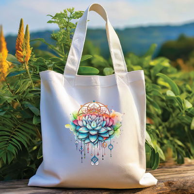 a white tote bag with a flower on it