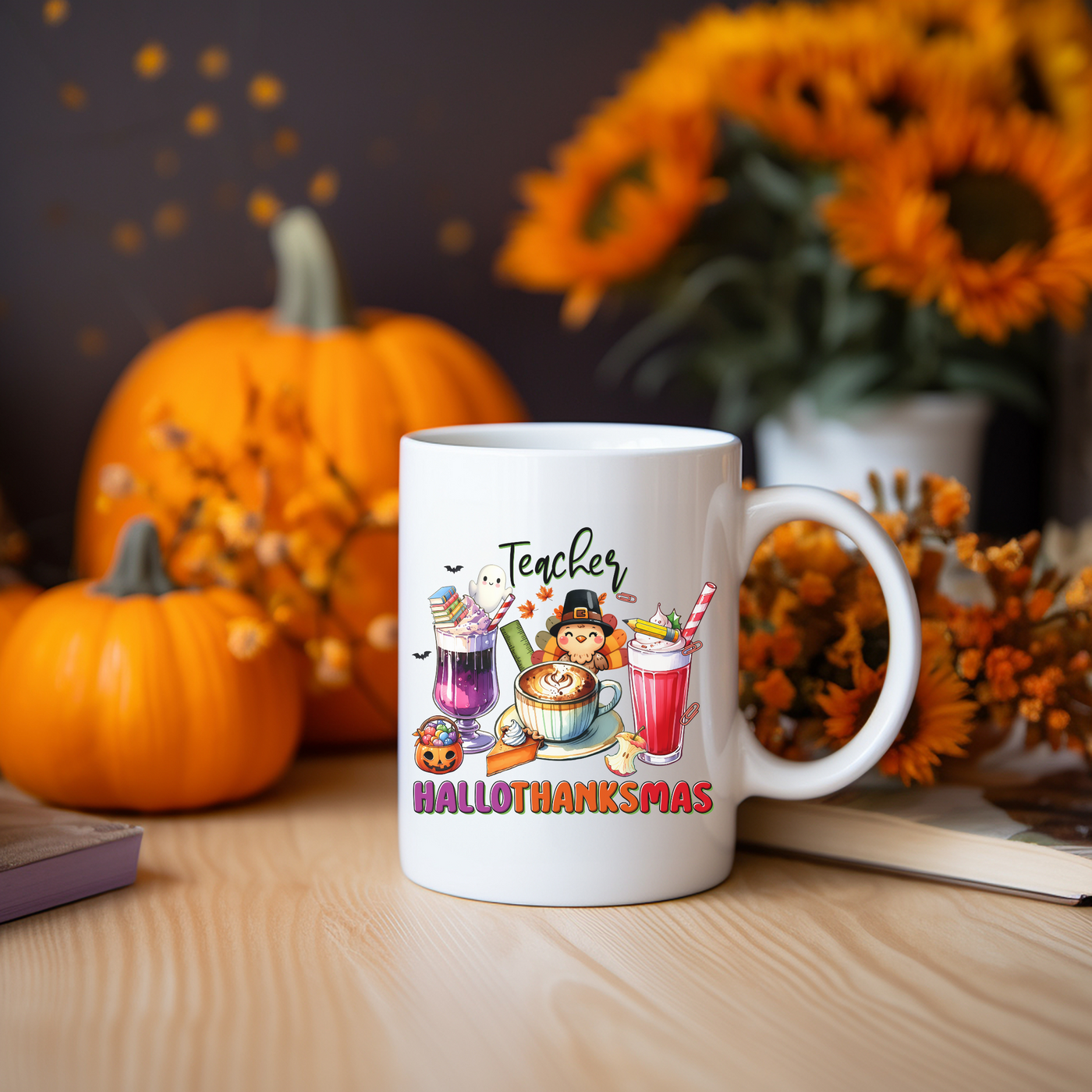 a coffee mug sitting on a table next to some pumpkins