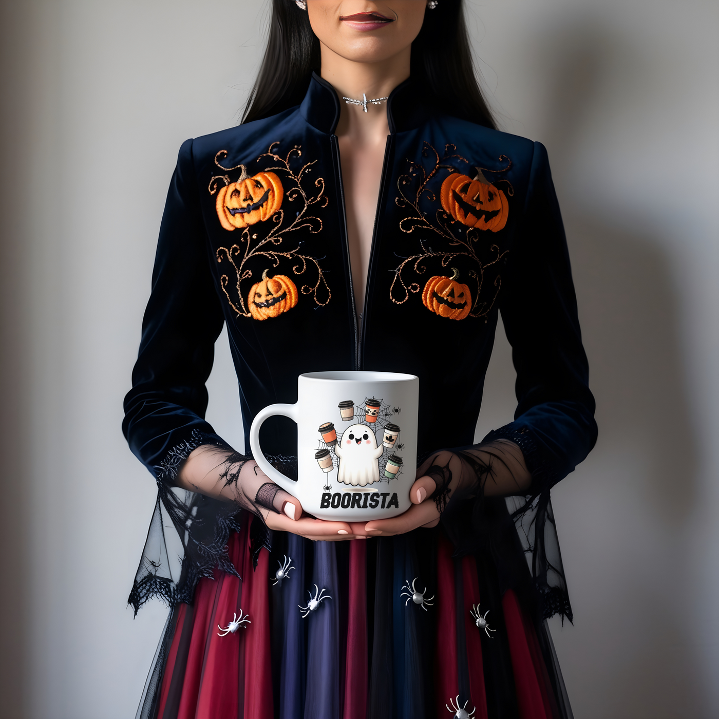 a woman in a costume holding a coffee mug