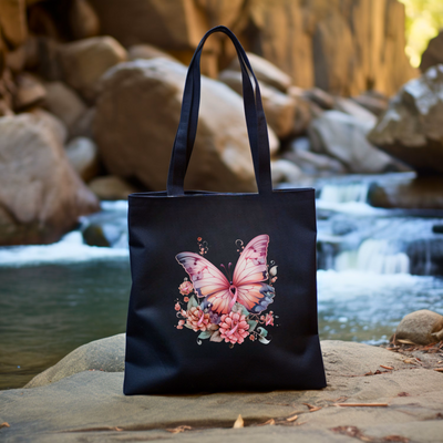 a black bag with a pink butterfly on it