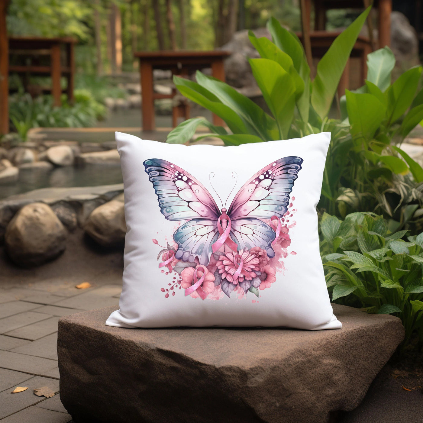 a white pillow with a pink butterfly on it