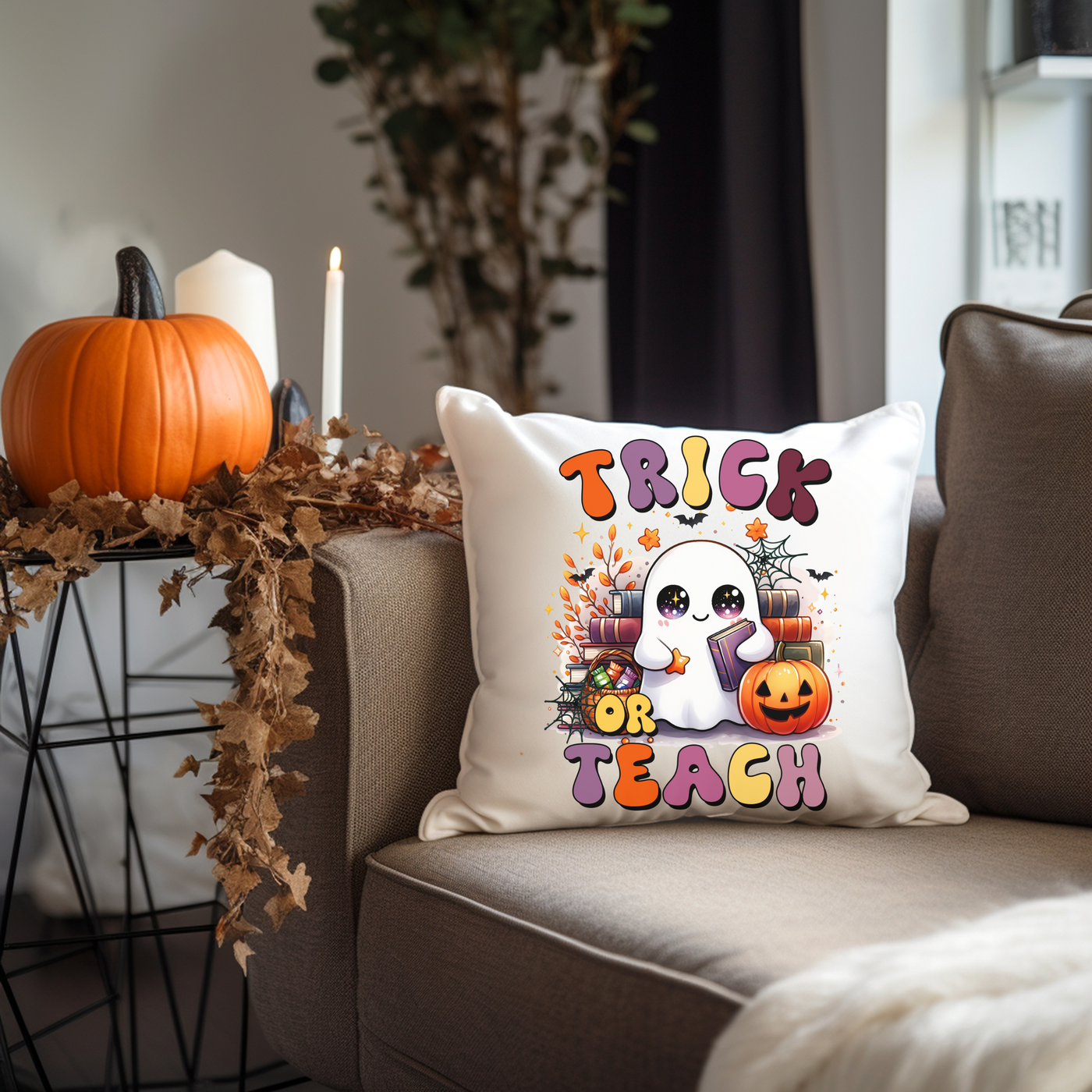 a couch with a pillow that says trick or teach on it