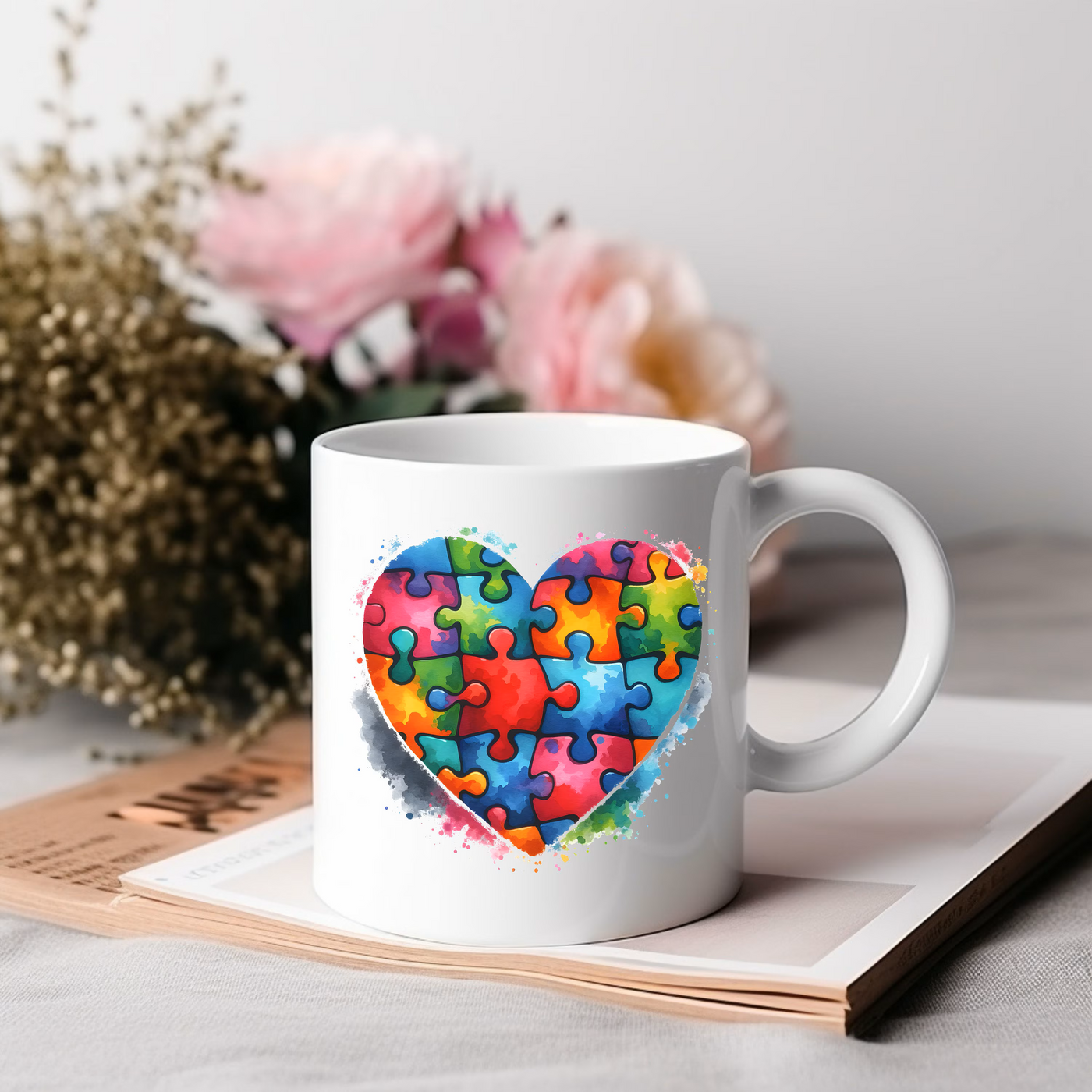 a coffee mug with a puzzle heart on it