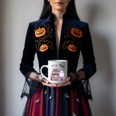 a woman in a costume holding a coffee mug