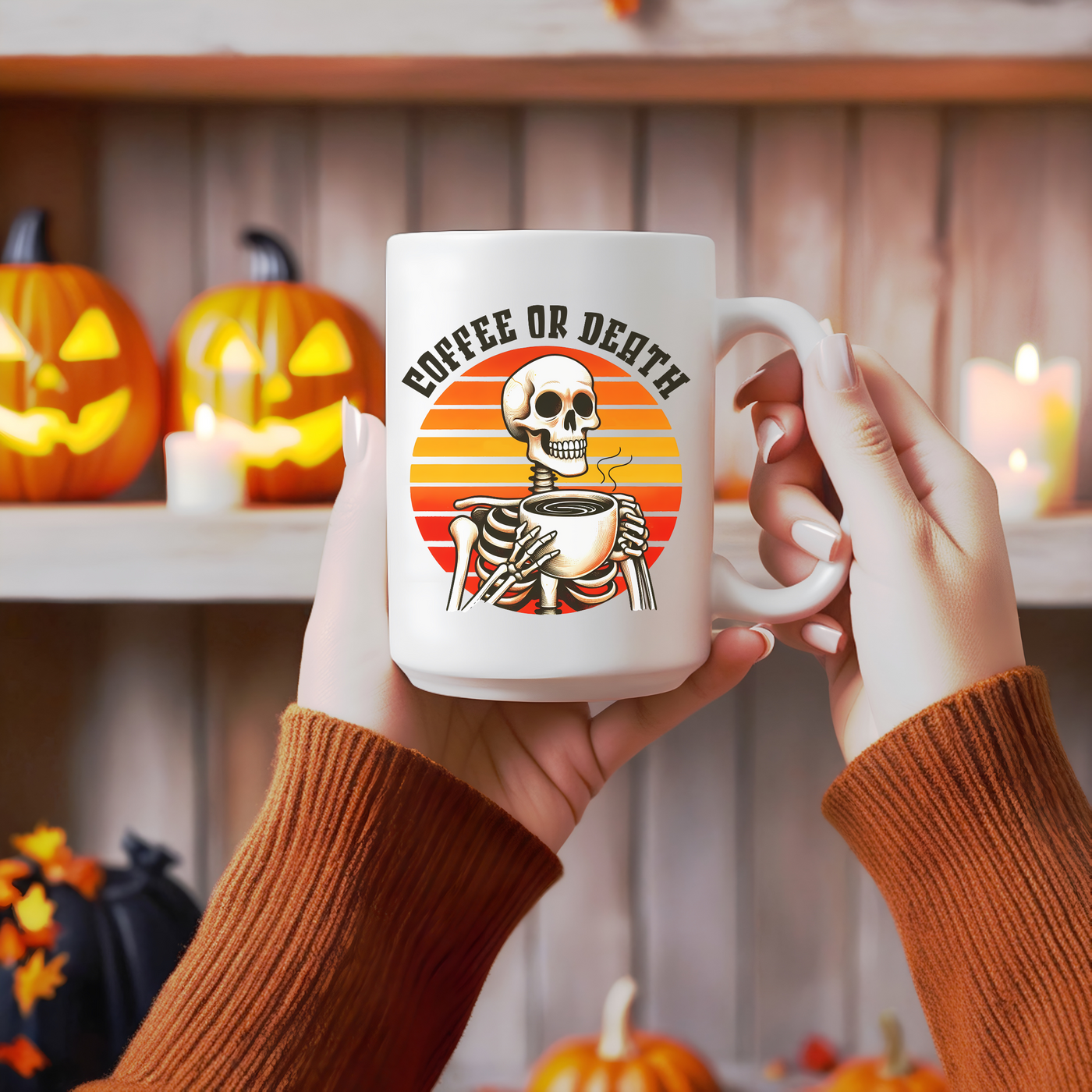 a person holding a coffee mug with a skeleton on it