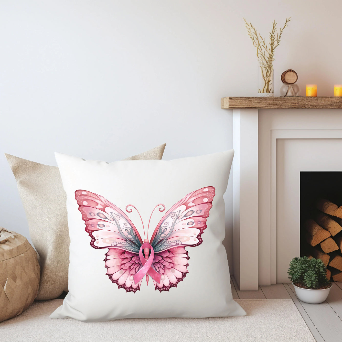 a white pillow with a pink butterfly on it