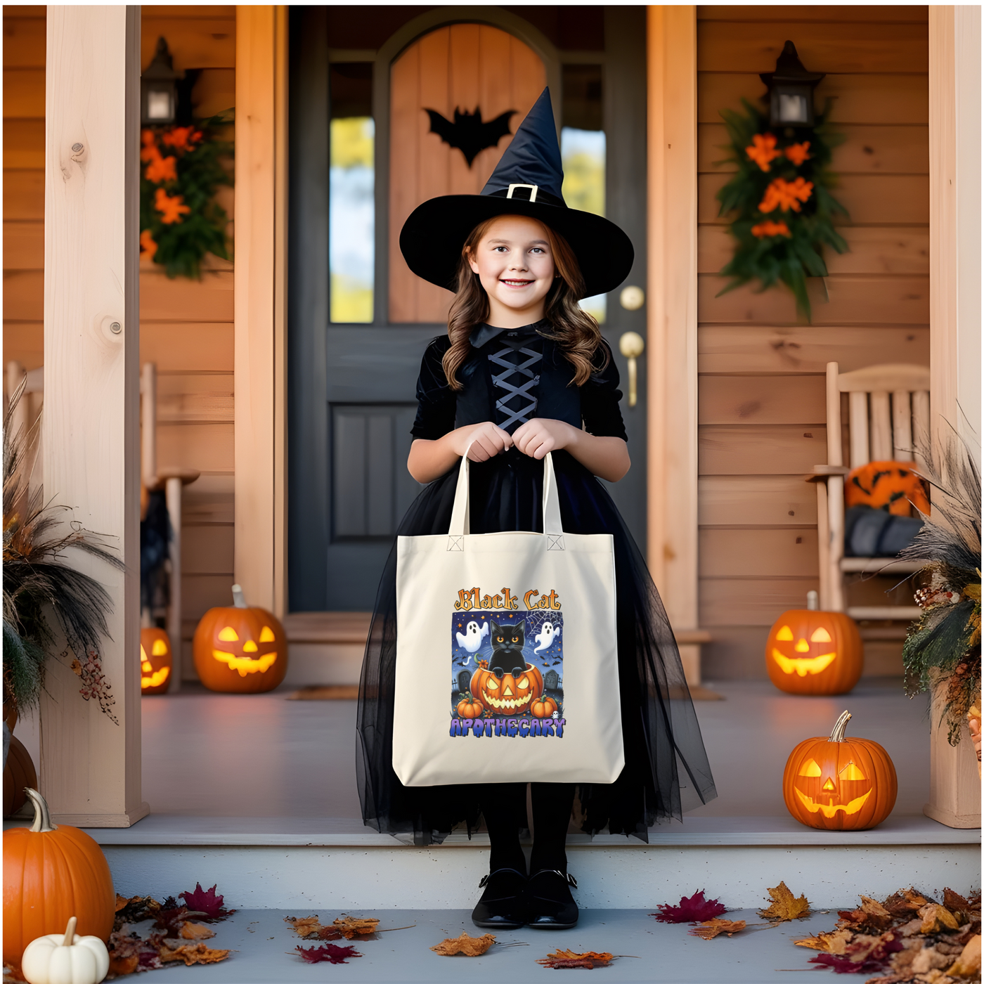 a little girl in a witch costume holding a trick or treat bag