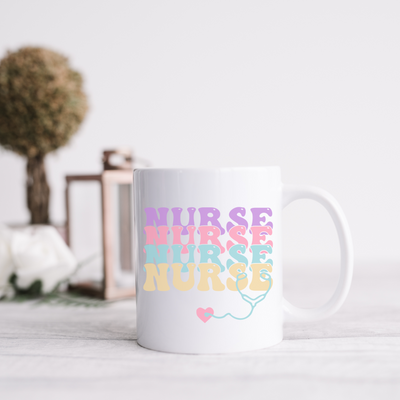 a white coffee mug with nurse written on it