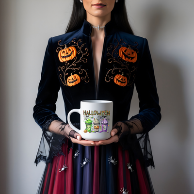 a woman in a halloween costume holding a coffee mug