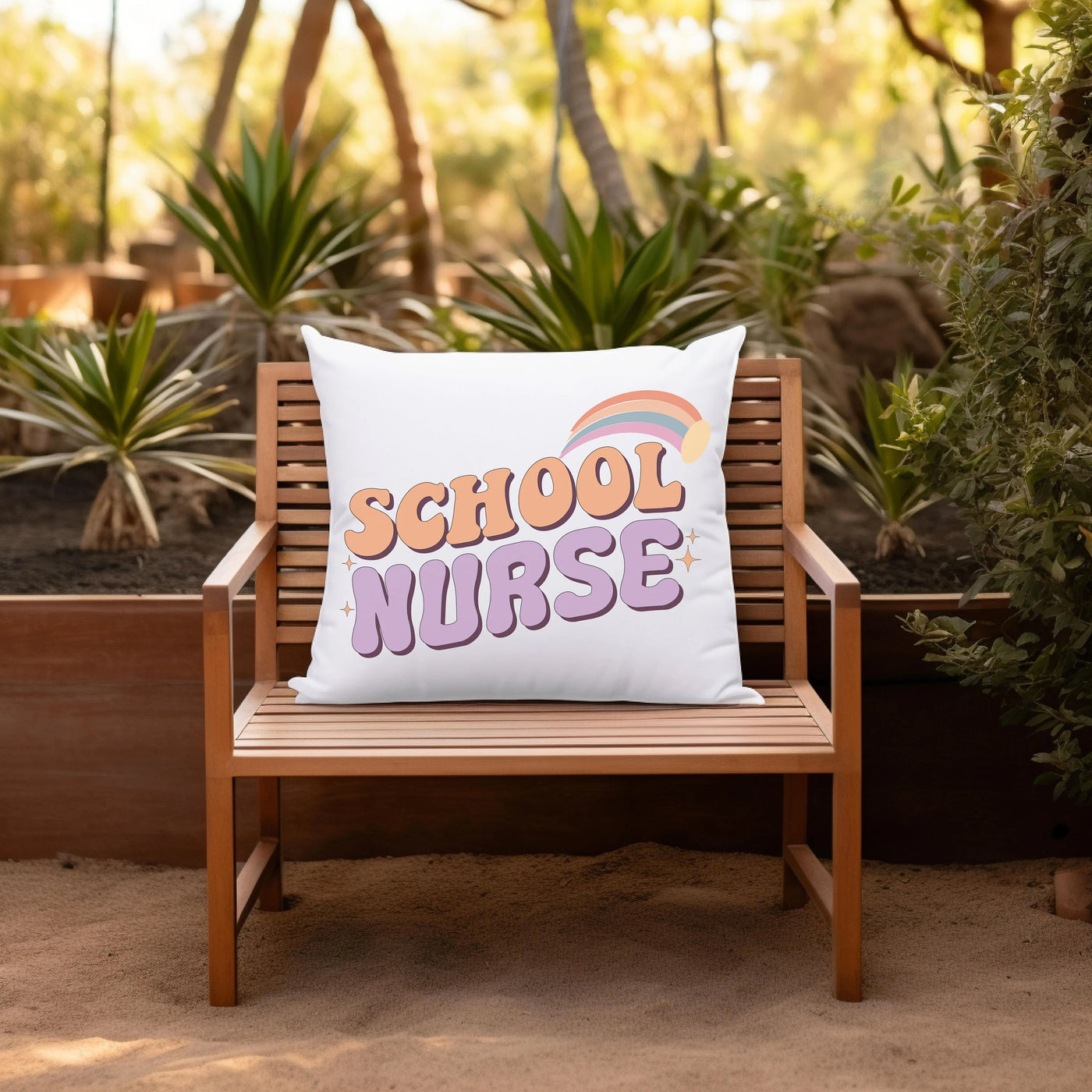 a school nurse pillow sitting on a wooden bench