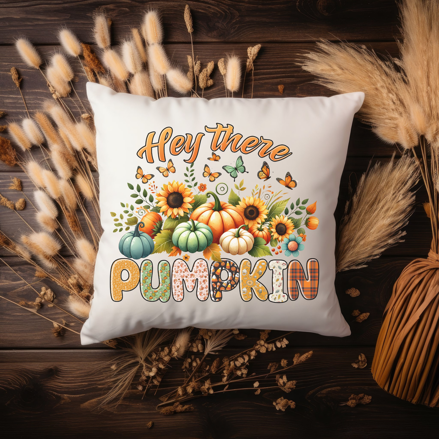 a white pillow with the words hey there pumpkin printed on it