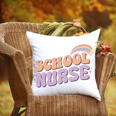 a school nurse pillow sitting on a wicker chair