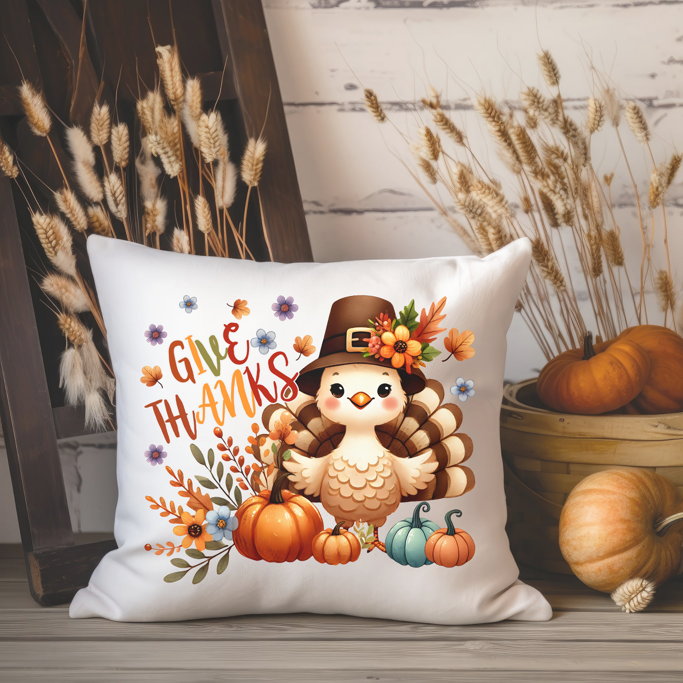 a white pillow with a thanksgiving turkey on it