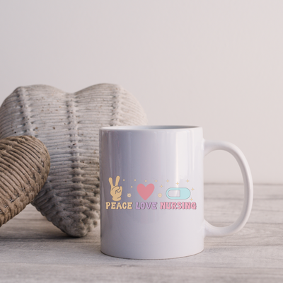 a white coffee mug sitting on top of a wooden table