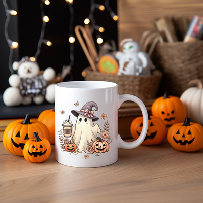 a white coffee mug with a ghost on it