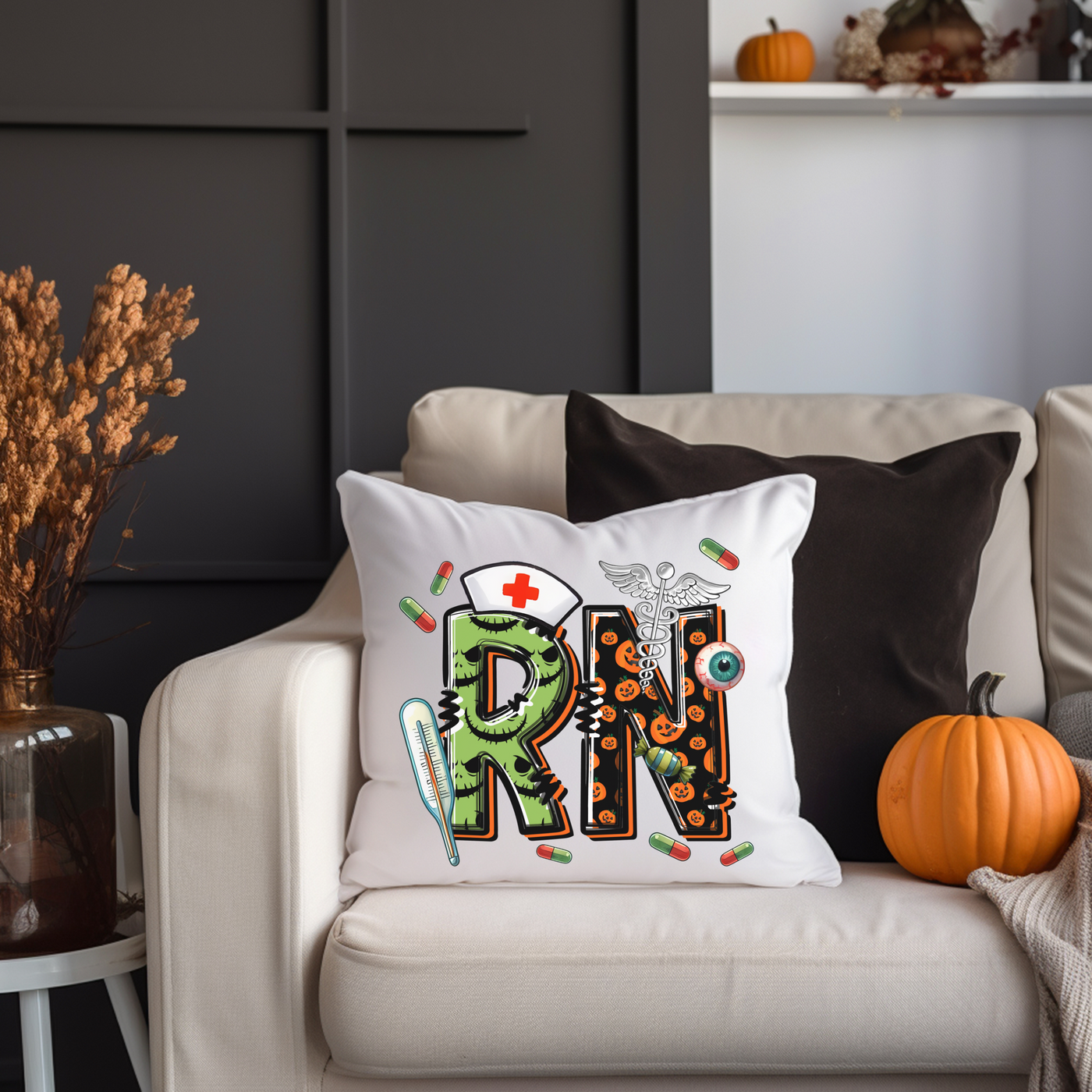 a white chair with a pillow and some pumpkins