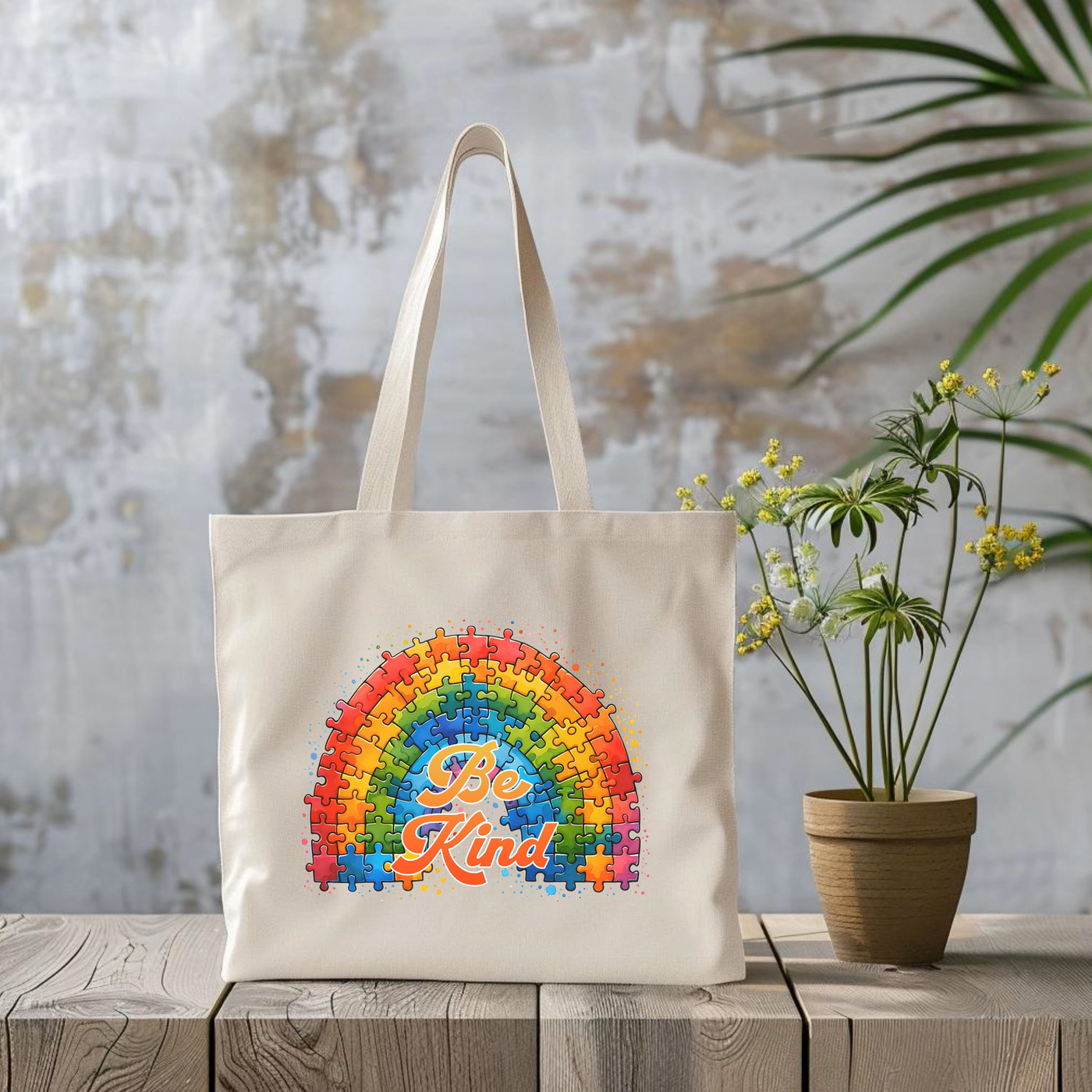 a tote bag with a picture of a rainbow on it