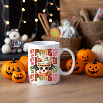 a white coffee mug with a spooky spooky cupcake on it