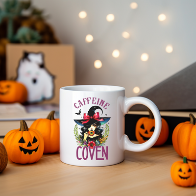 a coffee mug with a picture of a witch on it