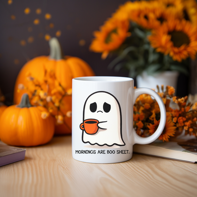 a white coffee mug with a cartoon ghost on it