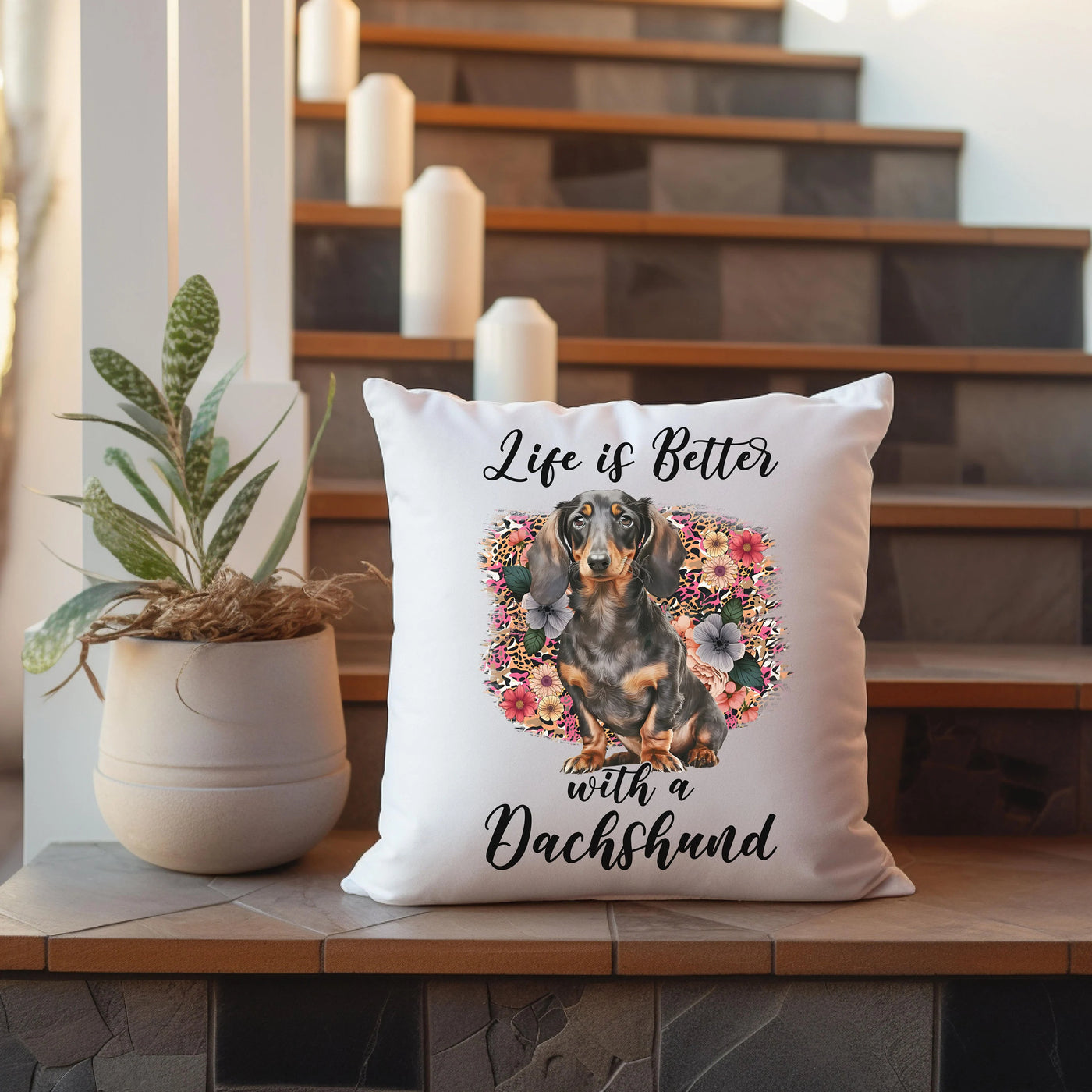 a pillow with a picture of a dachshund on it