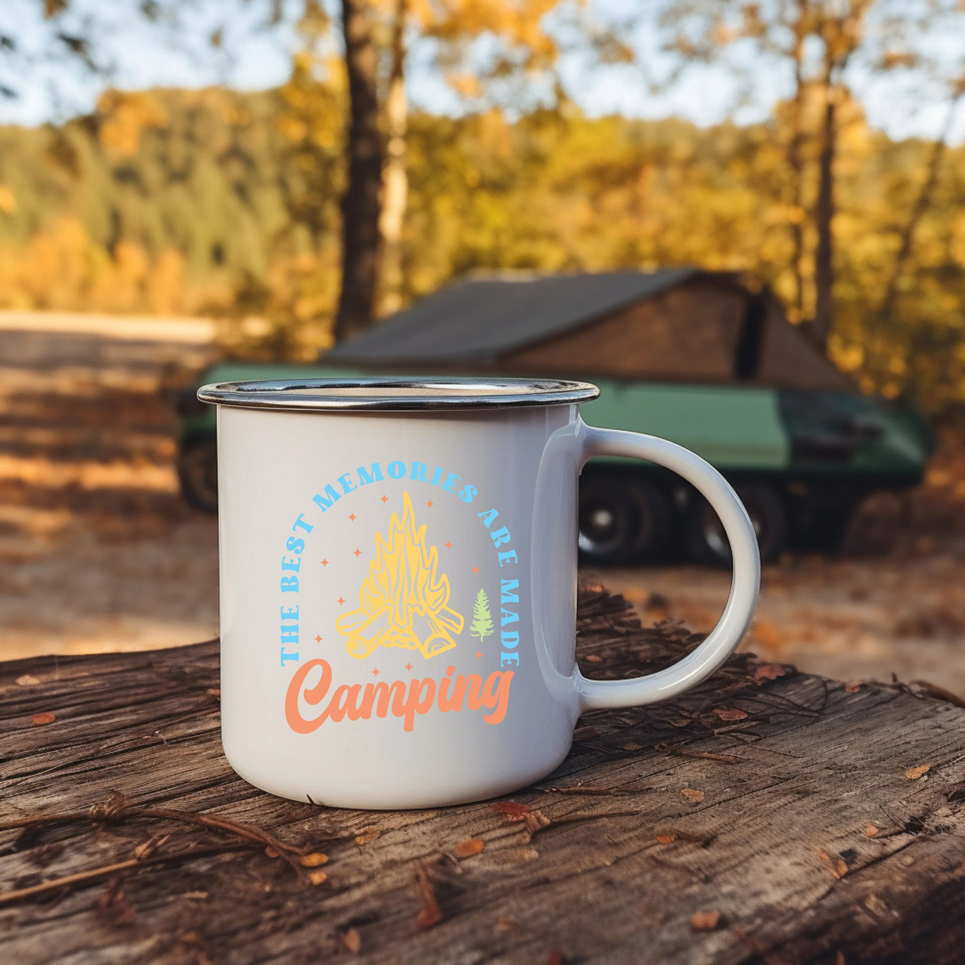 a campfire mug sitting on top of a tree stump