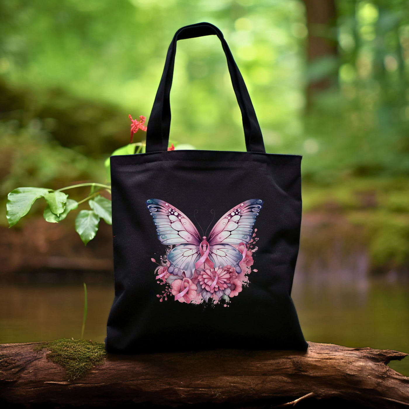 a black bag with a pink butterfly on it