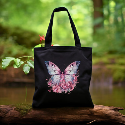 a black bag with a pink butterfly on it