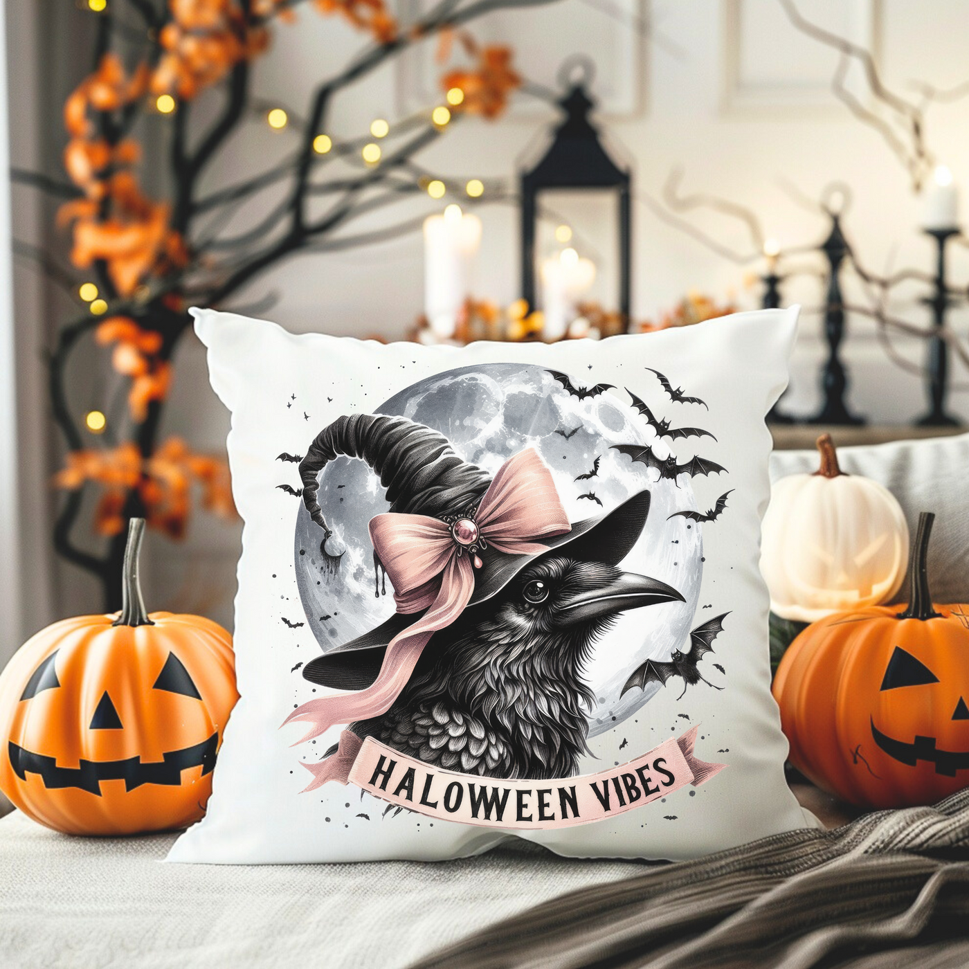 a pillow with a crow wearing a hat and a bow