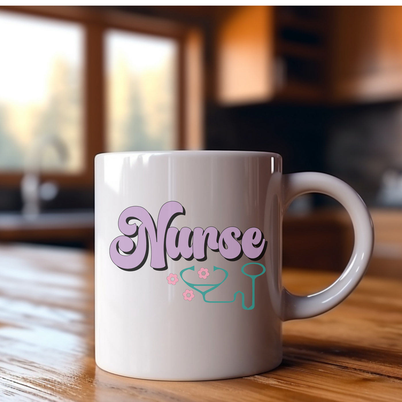 a white coffee mug sitting on top of a wooden table