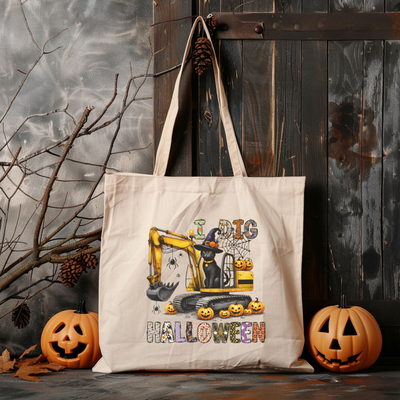 a tote bag with a picture of a bulldozer on it