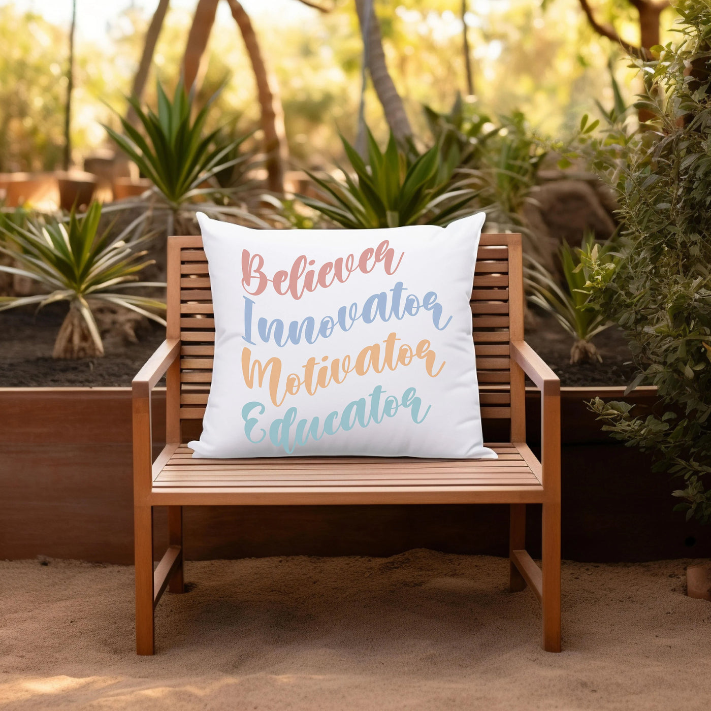 a wooden bench with a pillow on top of it