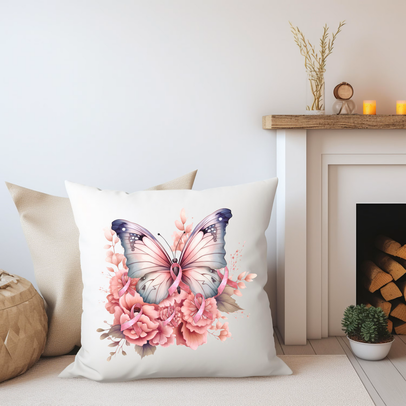 a white pillow sitting on top of a couch next to a fire place