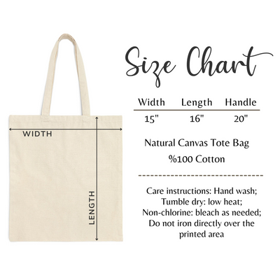 a natural canvas tote bag with a size chart