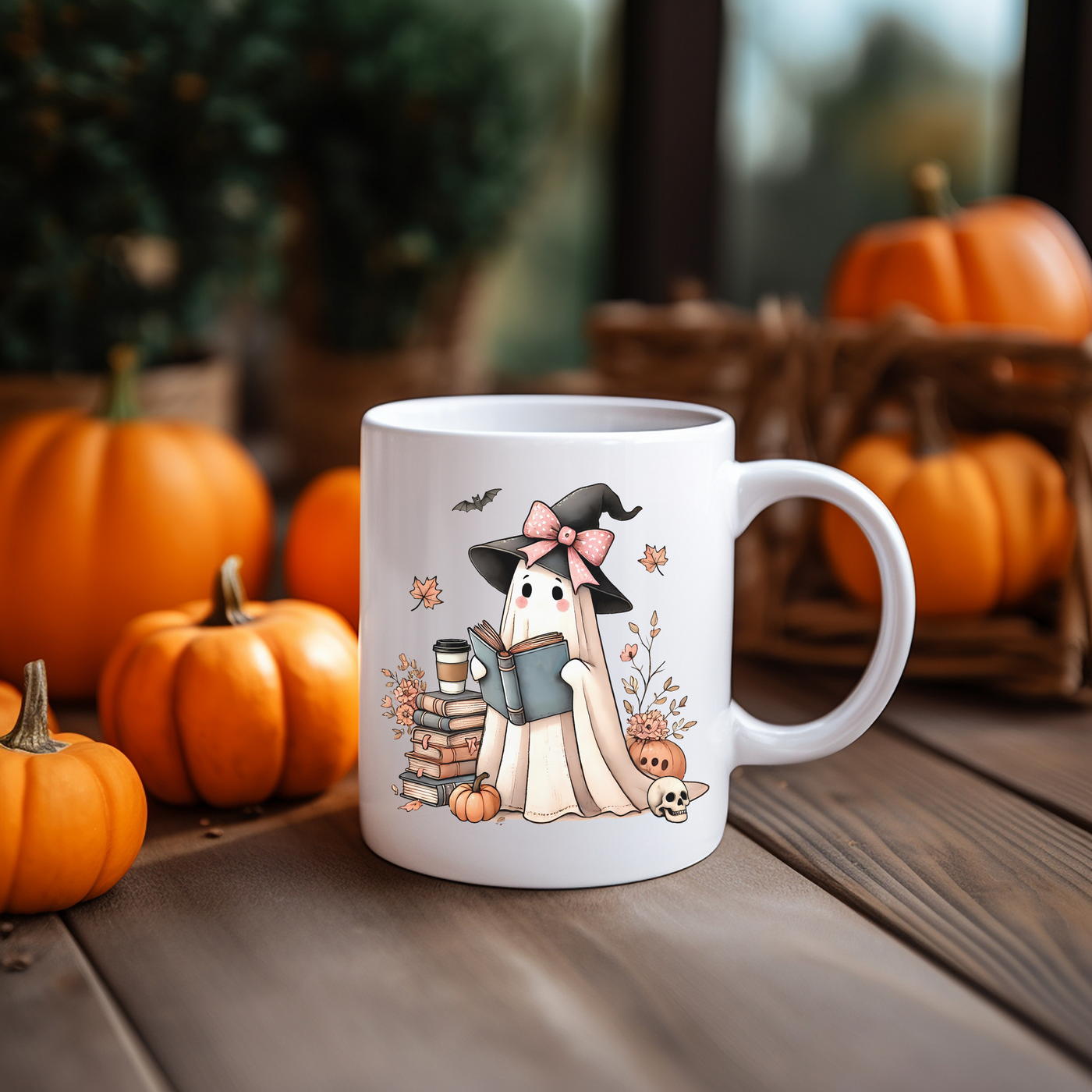 a white coffee mug with a dog dressed as a witch