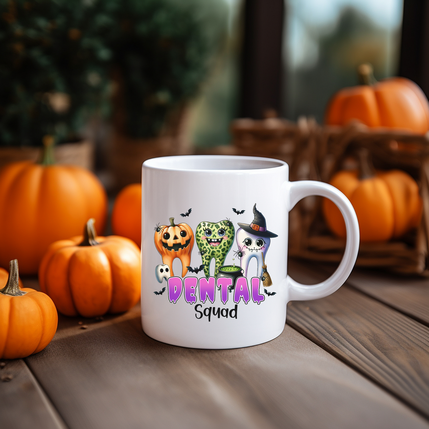 a white coffee mug with a picture of a jack - o'- lantern and