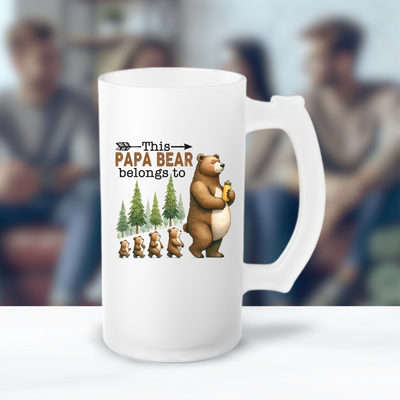 a white coffee mug with a picture of a bear holding a mug