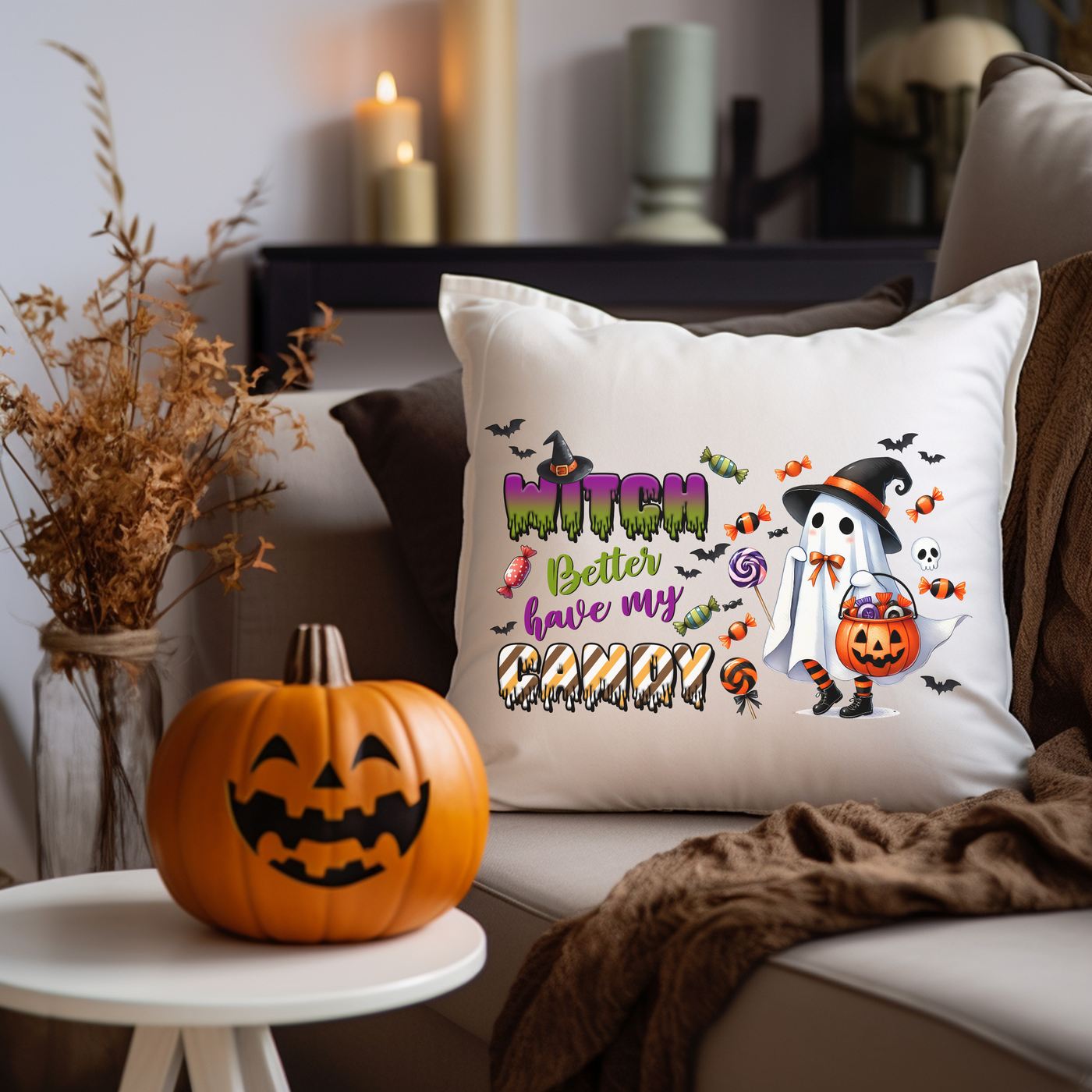 a couch with a pillow and a pumpkin on it