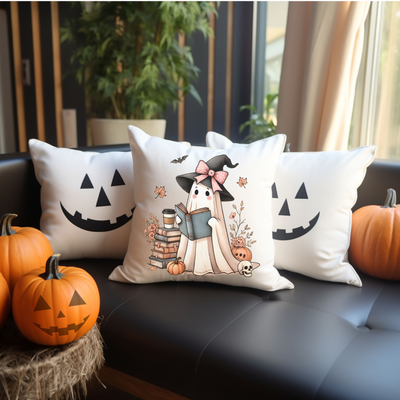 three decorative pillows on a couch with pumpkins