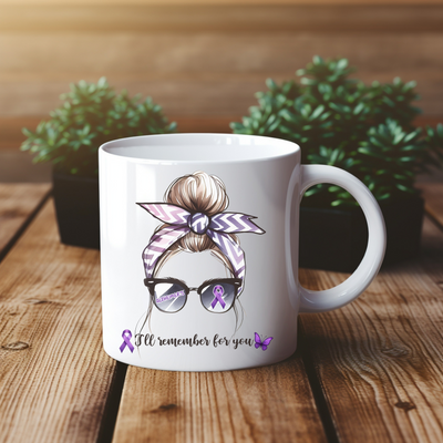 a coffee mug with a picture of a woman wearing glasses