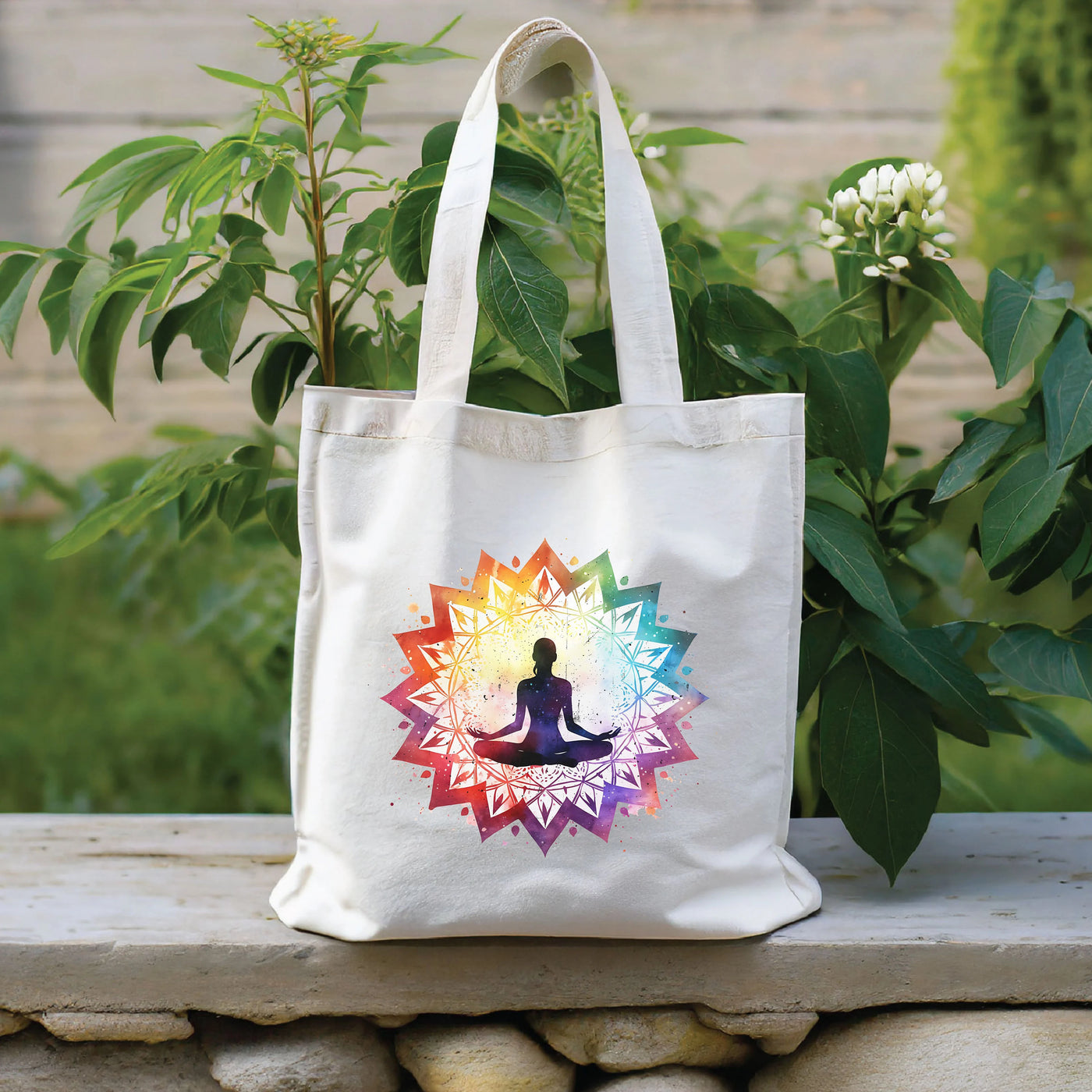 a canvas bag with a picture of a person doing yoga