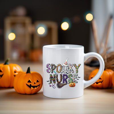 a white coffee mug with spooky nurse written on it