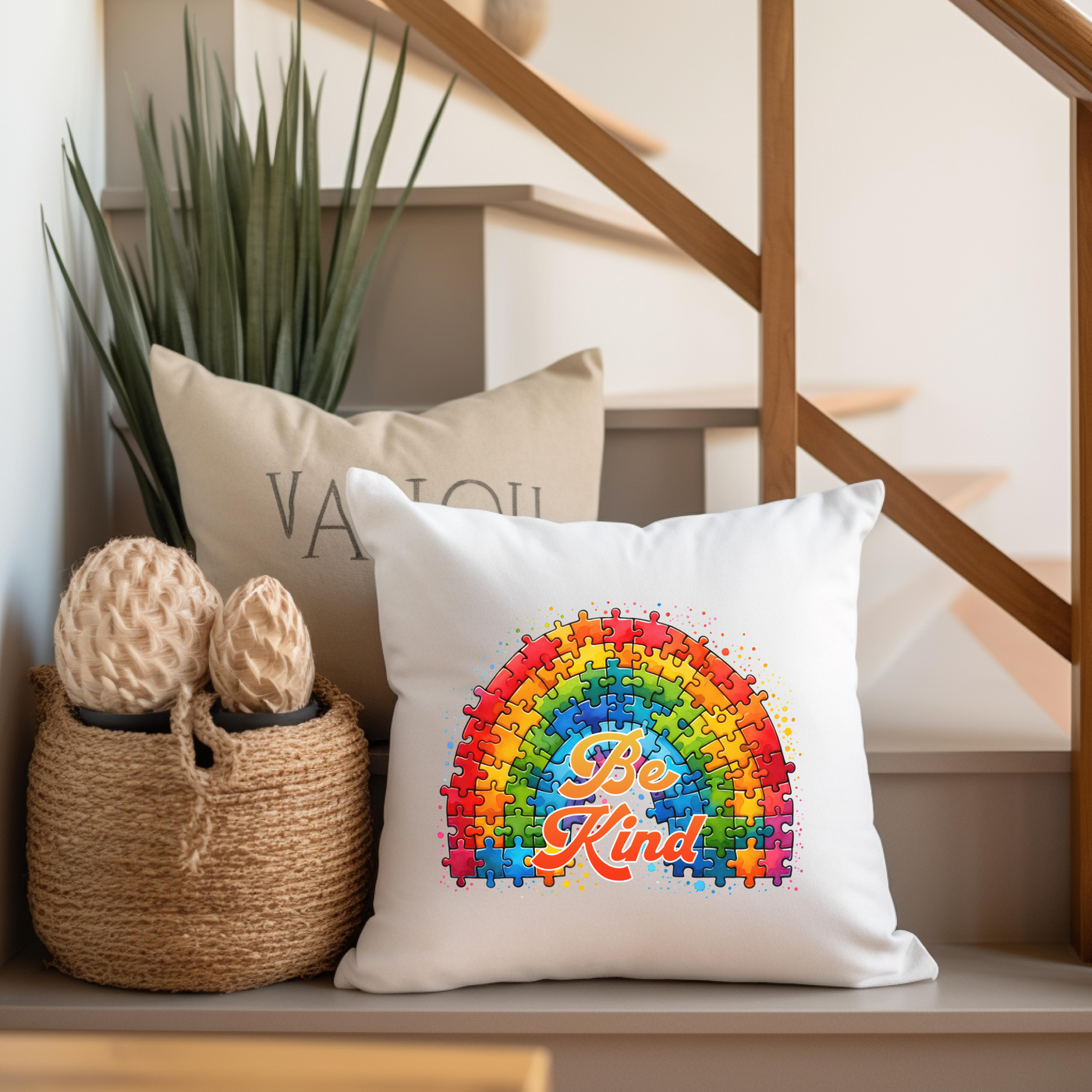 a white pillow sitting on top of a wooden shelf