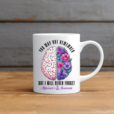 a coffee mug with a picture of a brain and flowers on it