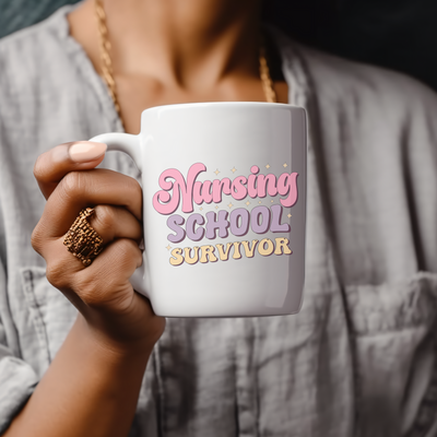 a woman holding a coffee mug with the words nursing school survivor on it