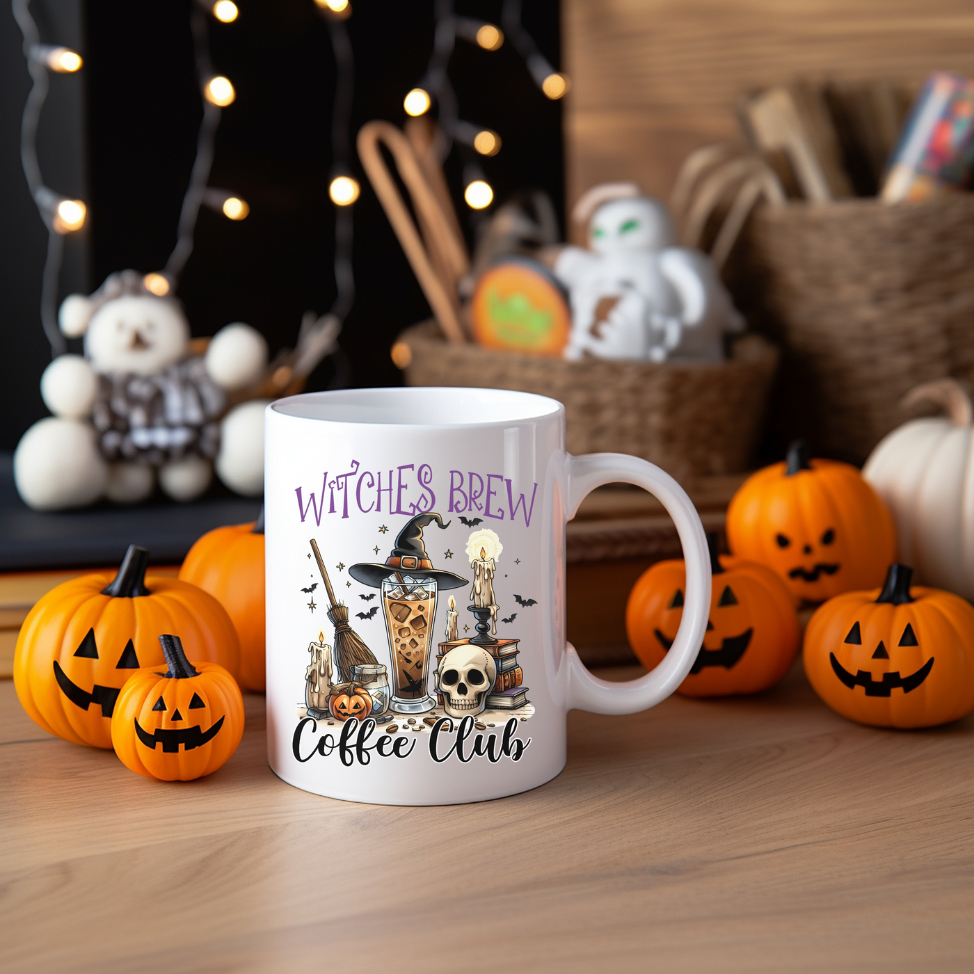 a white coffee mug with witches brew on it